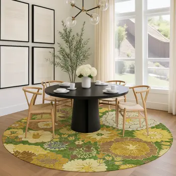 8' Fern Green Gold And Beige Round Floral Washable Indoor Outdoor Area Rug