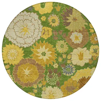 8' Fern Green Gold And Beige Round Floral Washable Indoor Outdoor Area Rug