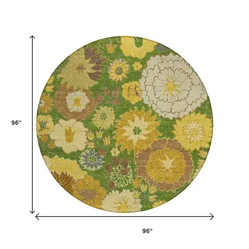 8' Fern Green Gold And Beige Round Floral Washable Indoor Outdoor Area Rug