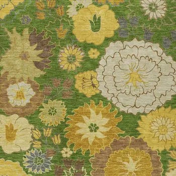 8' X 10' Fern Green Gold And Beige Floral Washable Indoor Outdoor Area Rug