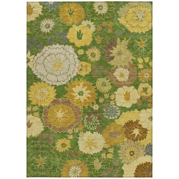 9' X 12' Fern Green Gold And Beige Floral Washable Indoor Outdoor Area Rug