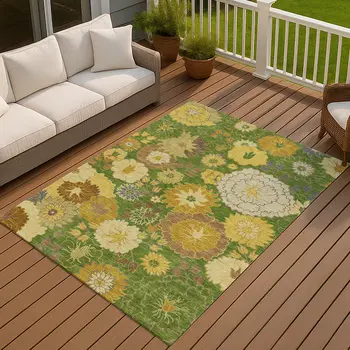 9' X 12' Fern Green Gold And Beige Floral Washable Indoor Outdoor Area Rug
