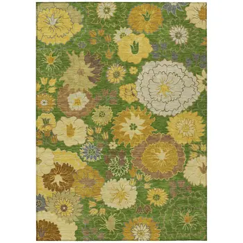 9' X 12' Fern Green Gold And Beige Floral Washable Indoor Outdoor Area Rug