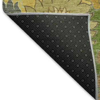 9' X 12' Fern Green Gold And Beige Floral Washable Indoor Outdoor Area Rug