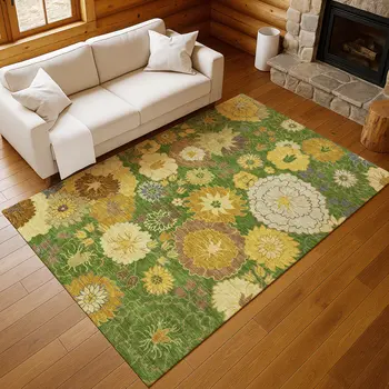 9' X 12' Fern Green Gold And Beige Floral Washable Indoor Outdoor Area Rug