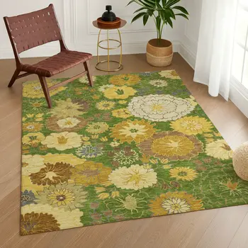 9' X 12' Fern Green Gold And Beige Floral Washable Indoor Outdoor Area Rug