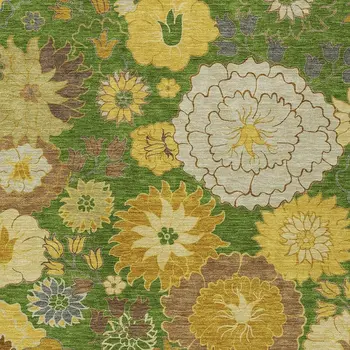 10' X 14' Fern Green Gold And Beige Floral Washable Indoor Outdoor Area Rug
