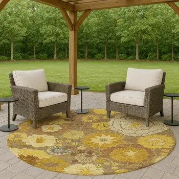 8' Coffee Gold And Beige Round Floral Washable Indoor Outdoor Area Rug