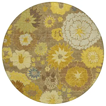 8' Coffee Gold And Beige Round Floral Washable Indoor Outdoor Area Rug