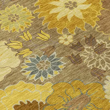8' Coffee Gold And Beige Round Floral Washable Indoor Outdoor Area Rug