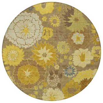 8' Coffee Gold And Beige Round Floral Washable Indoor Outdoor Area Rug