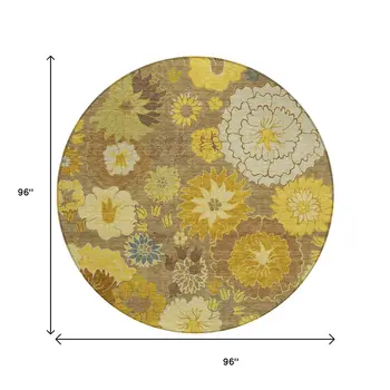 8' Coffee Gold And Beige Round Floral Washable Indoor Outdoor Area Rug