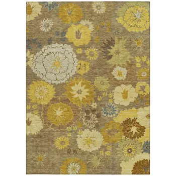 8' X 10' Coffee Gold And Beige Floral Washable Indoor Outdoor Area Rug