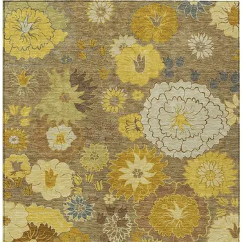 9' X 12' Coffee Gold And Beige Floral Washable Indoor Outdoor Area Rug