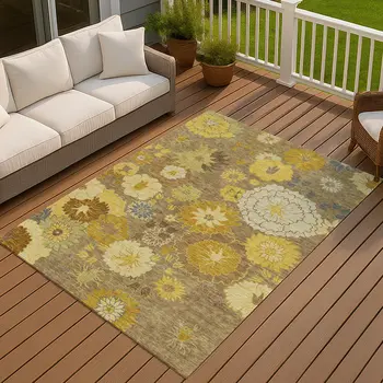 9' X 12' Coffee Gold And Beige Floral Washable Indoor Outdoor Area Rug