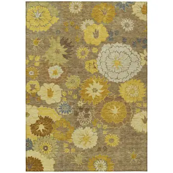 9' X 12' Coffee Gold And Beige Floral Washable Indoor Outdoor Area Rug