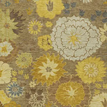 9' X 12' Coffee Gold And Beige Floral Washable Indoor Outdoor Area Rug