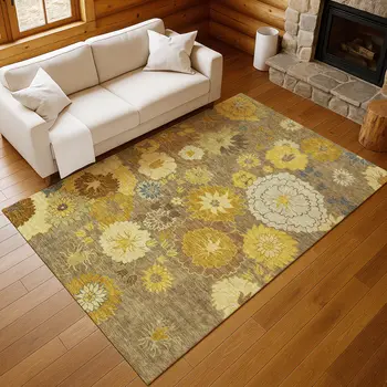 9' X 12' Coffee Gold And Beige Floral Washable Indoor Outdoor Area Rug