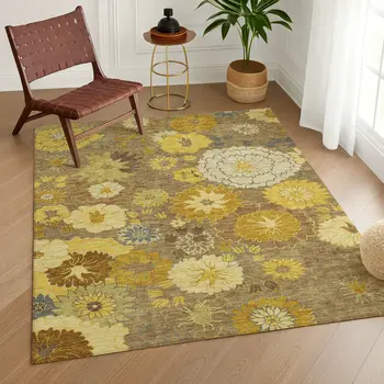 9' X 12' Coffee Gold And Beige Floral Washable Indoor Outdoor Area Rug