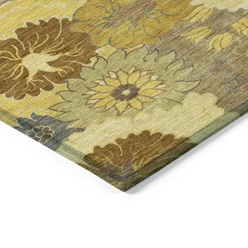10' X 14' Coffee Gold And Beige Floral Washable Indoor Outdoor Area Rug