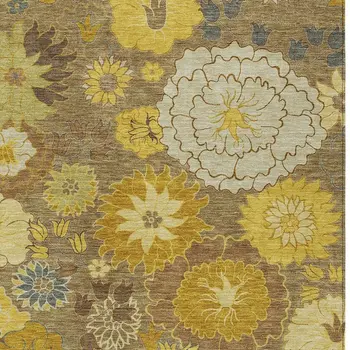 10' X 14' Coffee Gold And Beige Floral Washable Indoor Outdoor Area Rug