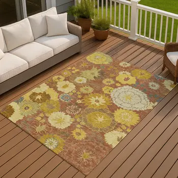 5' X 8' Terra Cotta Gold And Beige Floral Washable Indoor Outdoor Area Rug