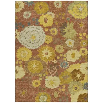 5' X 8' Terra Cotta Gold And Beige Floral Washable Indoor Outdoor Area Rug