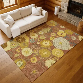 5' X 8' Terra Cotta Gold And Beige Floral Washable Indoor Outdoor Area Rug