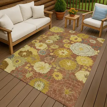 5' X 8' Terra Cotta Gold And Beige Floral Washable Indoor Outdoor Area Rug