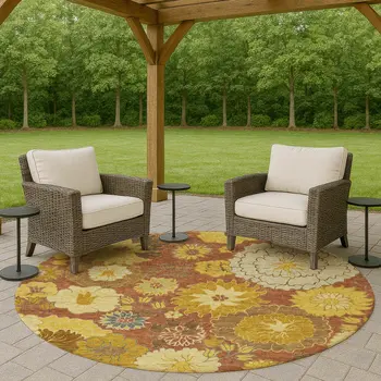8' Terra Cotta Gold And Beige Round Floral Washable Indoor Outdoor Area Rug