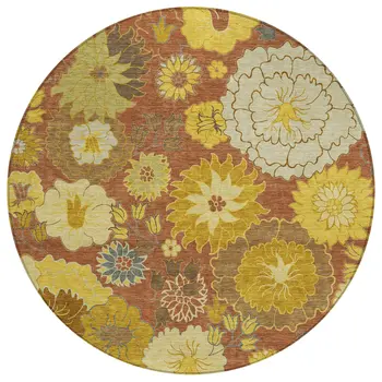 8' Terra Cotta Gold And Beige Round Floral Washable Indoor Outdoor Area Rug