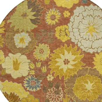 8' Terra Cotta Gold And Beige Round Floral Washable Indoor Outdoor Area Rug