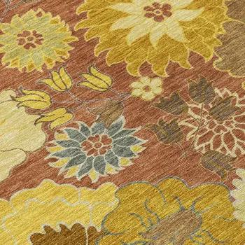 8' Terra Cotta Gold And Beige Round Floral Washable Indoor Outdoor Area Rug