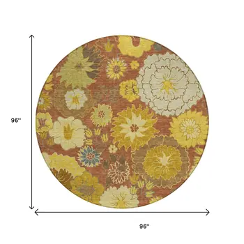 8' Terra Cotta Gold And Beige Round Floral Washable Indoor Outdoor Area Rug