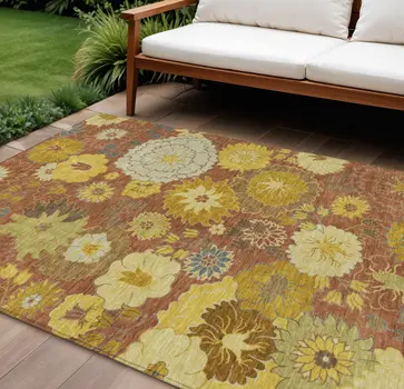 8' X 10' Terra Cotta Gold And Beige Floral Washable Indoor Outdoor Area Rug