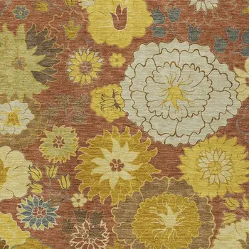9' X 12' Terra Cotta Gold And Beige Floral Washable Indoor Outdoor Area Rug