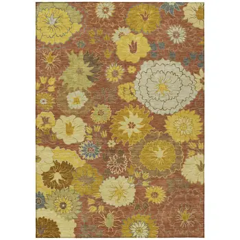 10' X 14' Terra Cotta Gold And Beige Floral Washable Indoor Outdoor Area Rug