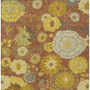 10' X 14' Terra Cotta Gold And Beige Floral Washable Indoor Outdoor Area Rug