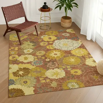 10' X 14' Terra Cotta Gold And Beige Floral Washable Indoor Outdoor Area Rug