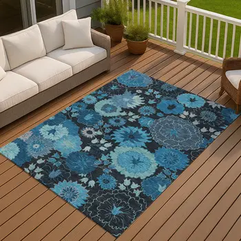 3' X 5' Blue And Black Floral Washable Indoor Outdoor Area Rug