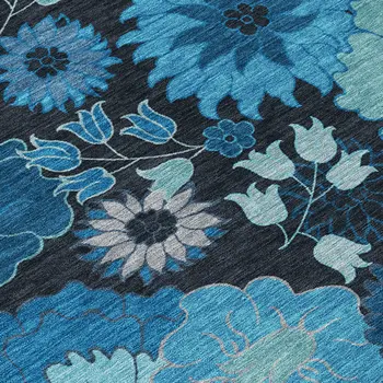 3' X 5' Blue And Black Floral Washable Indoor Outdoor Area Rug