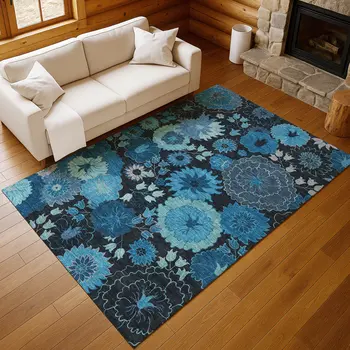 3' X 5' Blue And Black Floral Washable Indoor Outdoor Area Rug