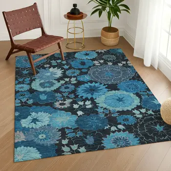 3' X 5' Blue And Black Floral Washable Indoor Outdoor Area Rug