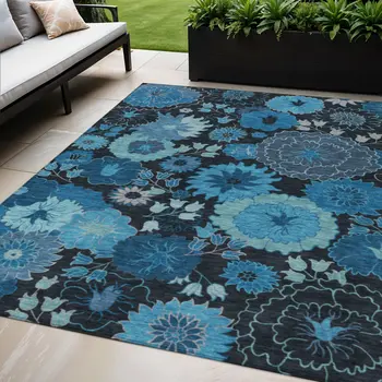 5' X 8' Blue And Black Floral Washable Indoor Outdoor Area Rug