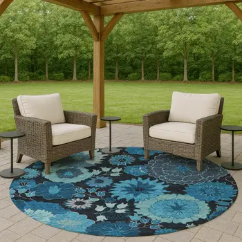 8' Blue And Black Round Floral Washable Indoor Outdoor Area Rug