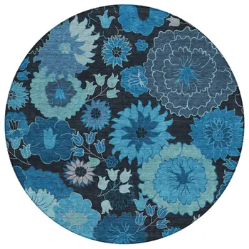 8' Blue And Black Round Floral Washable Indoor Outdoor Area Rug