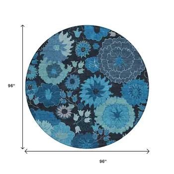 8' Blue And Black Round Floral Washable Indoor Outdoor Area Rug