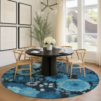 8' Blue And Black Round Floral Washable Indoor Outdoor Area Rug