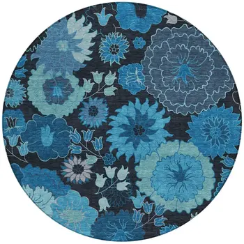 8' Blue And Black Round Floral Washable Indoor Outdoor Area Rug