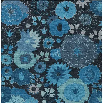 8' X 10' Blue And Black Floral Washable Indoor Outdoor Area Rug